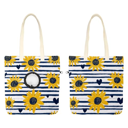 Pet Canvas Shoulder Bag Soft-Sided,Dog Purse Carrier for Small Dogs and Cats, Portable Pet Handbag with Adjustable Hole, Pet Washable Travel Tote Bag,Blue Line Sunflower 19.3''x16.5''