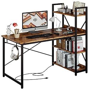 IRONCK Computer Desk 47″ with Power Outlet and Storage Shelves, Study Writing Table with USB Ports Charging Station, PC Desk Workstation for Home Office, Rustic Brown