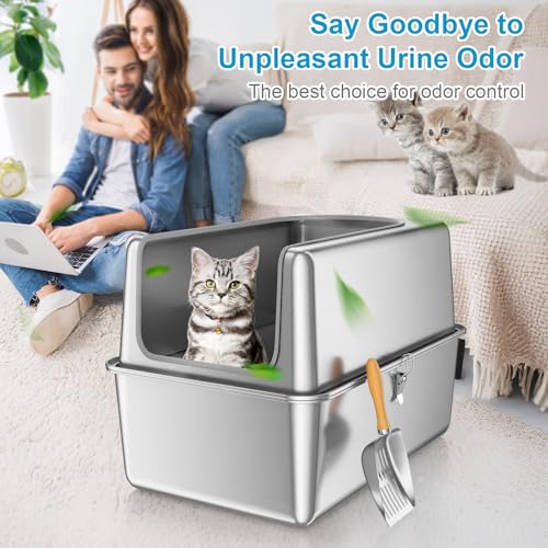 Image of 16'' High Sides XXXL All Stainless Steel Cat Litter Box with Lid,8'' Deep Metal Litter Box for Big Cats,Extra Large Litter Boxes with High Wall Enclosure,Anti-Leakage,Never Absorbs Odors,Non-Sticky