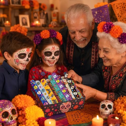 Image of JUNEBRUSHS 56Pcs Day of the Dead Slap Bracelet Party Favors Bulk Set