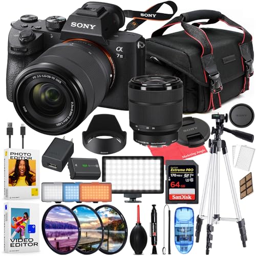 Sony a7 III Mirrorless Camera with 28-70mm Lens Bundled Kit + Accessory Package with LED Video Light, HD Filters, 64GB Extreme SD, Case, & Editing Software Package, MJ-SYA7III-102523 (Renewed)