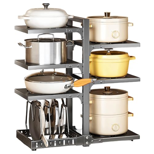 Yolispa 7 Tier Adjustable Heavy Duty Pan Organizer, Saucepan Stand, Black Carbon Steel Kitchen Cookware Organizer for Kitchen Counter and Cabinet
