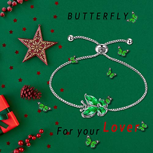 Hipunk Butterfly Green Bracelets Birthstone Women 925 Sterling Silver May-Emerald Birth Stone Animal Butterflies Adjust Link Bracelet Crystal Birthday Jewelry Sb0001G #TOP4