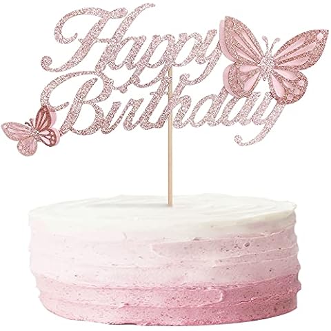 Rose Gold Happy Birthday Cake Topper with 3D Handmade Butterfly, Birthday Cake Topper for Sweet Girl Women's Sweet 16 21st 30th 40th 50th 60th Birthday Cake Party Decoration Cover
