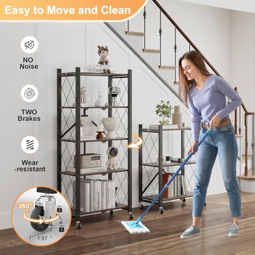 Image of 5-Tier Foldable Storage Shelves with Wheels,Folding Bookshelf no Assembly | Folding Metal Shelf Unit, Collapsible Shelves for Craft Shows for Kitchen, Bedroom, Living Room, Rustic Brown