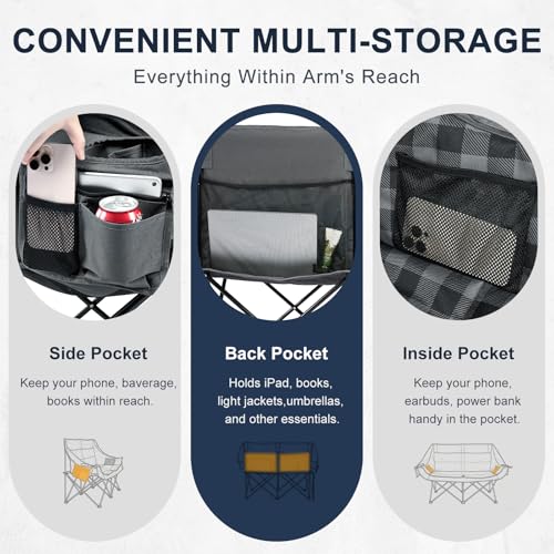 Image of Double Camping Chair 2 Person Loveseat, 800LBS Heavy Duty Chair, Plaid