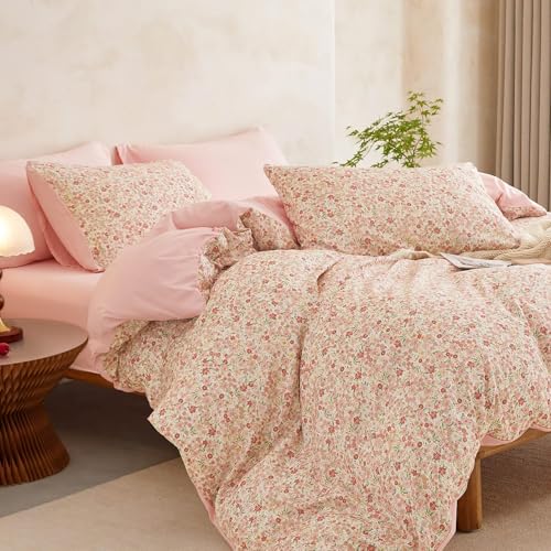 Image of Wake In Cloud - Floral Comforter Set, Cute Vintage Flower Cottagecore Aesthetic for Women Teen Girls, Soft Lightweight Dorm Bedding, 3 Pieces, Cream Pink, Full Size