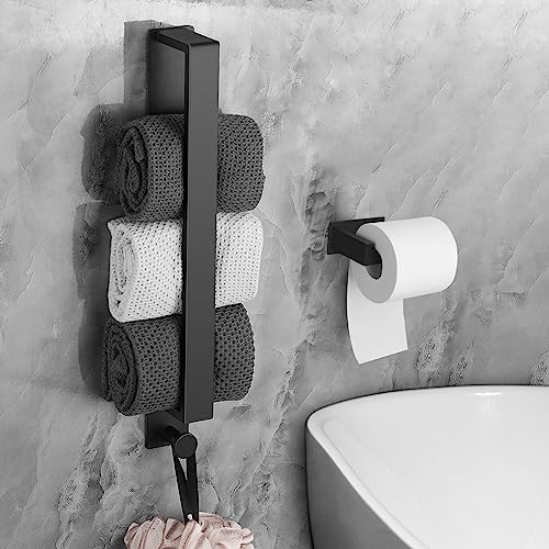 JiGiU Towel Rail Wall Mounted, Self Adhesive 40cm Black Towel Holder No Drilling Stainless Steel Towel Rack Bathroom Accessories,Towel Shelves for Rolled Towels Storage(Inc:Black Toilet Roll Holder)