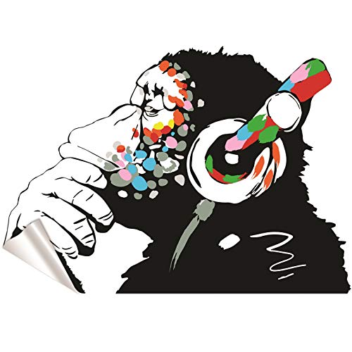 Banksy Wall Stickers - Large Banksy Monkey With Headphones Wall Art - DJ Chimp Thinker in Earphones Decal (80x55 cm)