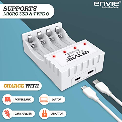 Image of ENVIE (ECR 20 MC+4xAA1000) Standard Rechargeable Battery Charger for AA & AAA Ni-mh /Ni-Cd, LED Indicator, 600MA Output Current, with 4xAA1000 Rechargeable Batteries