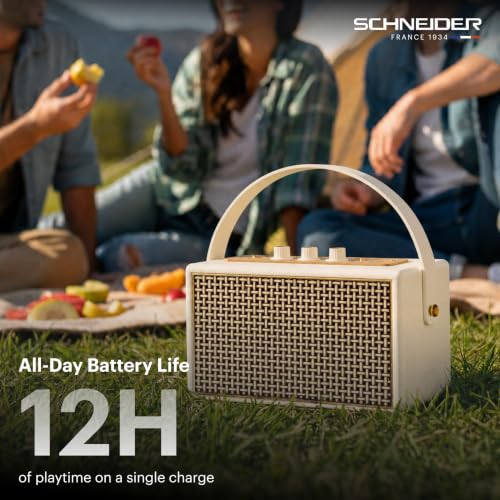 Image of Schneider ENERZA HP60 Wireless Portable Home Audio Speaker | 60W Triple-Driver 360 Sound | Wooden Acoustic Enclosure with Bluetooth 5.4 IPX4 Splashproof | Vintage Classic Design - Ivory