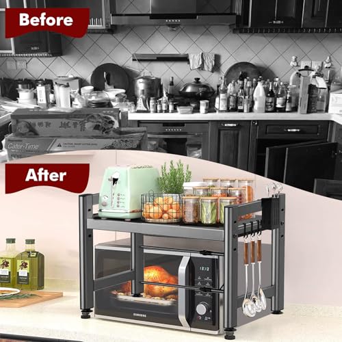 KALBIGRO Soporte para Microondas Extensible, Estanteria Microondas de Cocina 2 Niveles, Mueble para Microondas Encimera al Carbono, Estante para Microondas con 8 Ganchos 1 Soporte de Utensilios - imagen 4