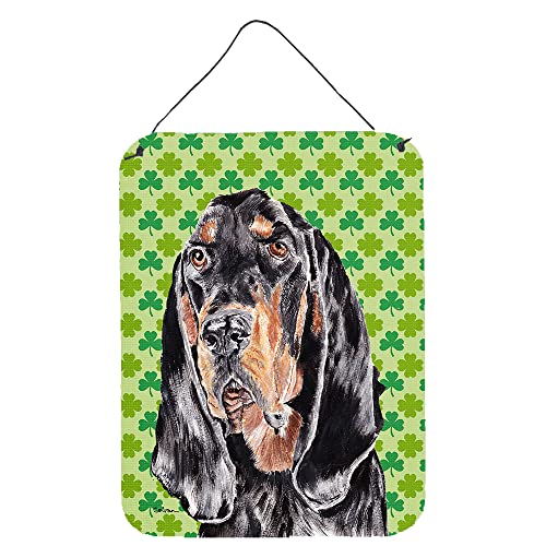 Caroline's Treasures SC9567DS1216 Black and Tan Coonhound Lucky Shamrock St. Patrick's Day Wall or Door Hanging Prints Aluminum Metal Sign Kitchen Wall Bar Bathroom Plaque Home Decor Front Door Plaque