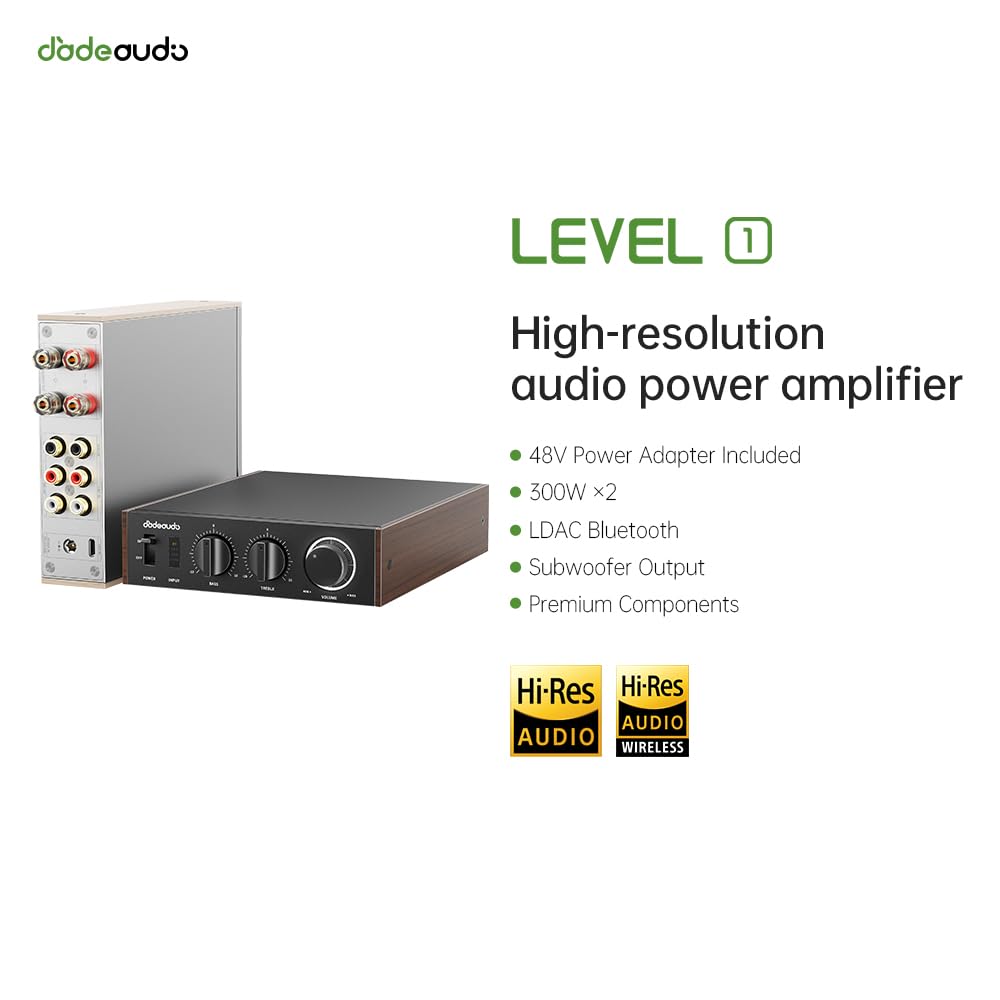 JadeAudio Livello 1 Desktop HiFi Bluetooth LDAC Amplificatore 2×300W Classe D, ingresso USB/coassiale, uscita subwoofer, amplificatore stereo per Home Theater/computer/altoparlanti con alimentazione