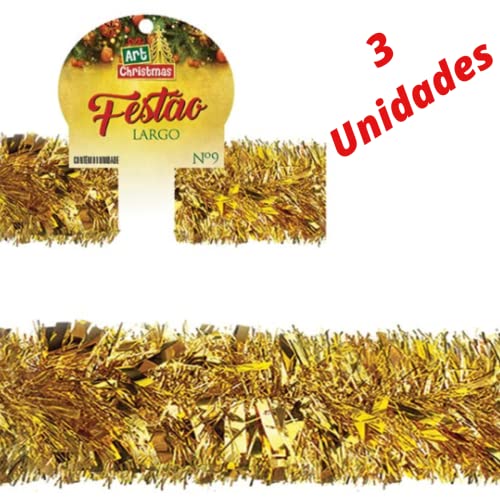 Kit 3 Festão Natalino Metalizado para Decoração 9cm Ouro