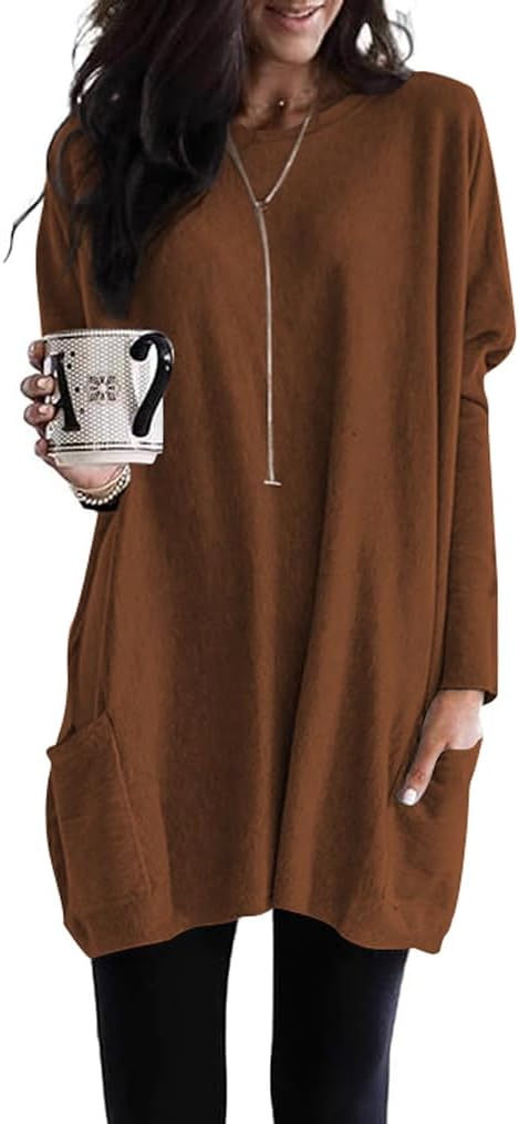 Poetsky Fall Womens Tunic or Tops to Wear with Leggings Long Sleeve Casual Long Shirts Blouses with Pockets - Image 2