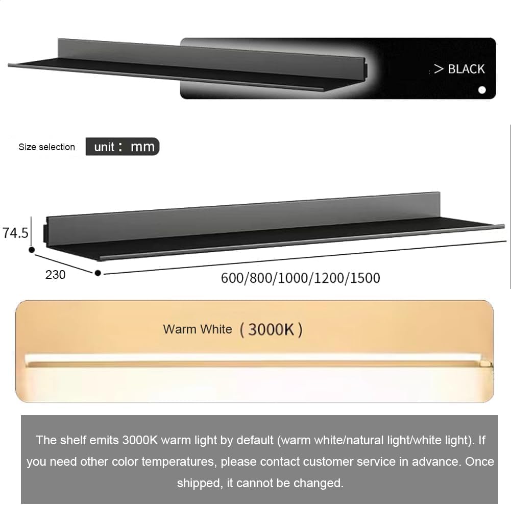 Mensole Da Parete Sospese Con Luce A Led, Mensole Illuminate Montate In Metallo Per Bancone Bar E Bagno, Mensole Portaoggetti Che Emettono Luce Per L'arredamento Della Casa(Size:120x23cm,Color:Nero)