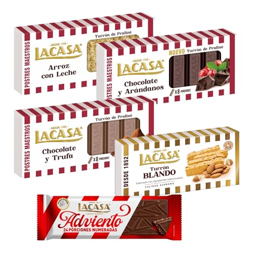 Surtido Turrones Lacasa: 5 tabletas de turrón variadas: Blando, Crujiente, Arroz con leche, Chocolate y arándanos y Chocolate y trufa