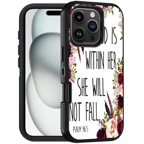 FQTBCEARI Designed for iPhone 16 Pro Max Case, Military Grade Heavy Duty 3-Layer Shockproof Drop Full-Body Protective Phone Cover for iPhone 16 Pro Max (6.9" 2024), Floral Quote Bible Verse Psalm 46:5