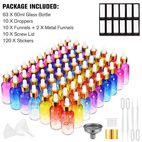 Prettycare Eye Dropper Bottle 2 Oz (63 Pack Rainbow Glass Bottles 60Ml With Golden Caps, 2 Extra Eye Droppers, 120 Labels, 10 Funnel & Measured Pipettes) Empty Tincture Bottles For Essential Oils #TOP6