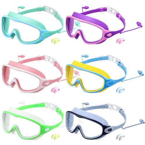 6 Pcs Kids Swimming Goggles, Dark Blue, Purple, Yellow, Pink, Blue, Green
