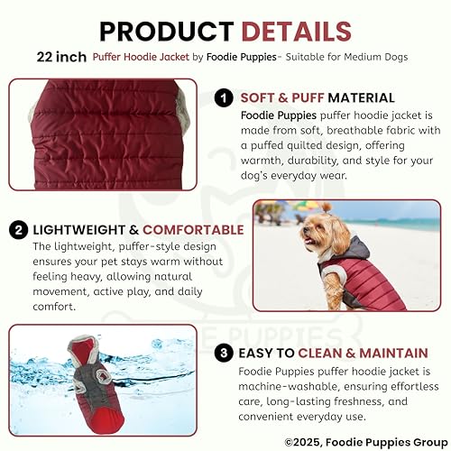 Image of Foodie Puppies Dog Puffer Hoodie Warm Winter Jacket - (Maroon Grey, 22 Inch) for Medium Sized Dogs | Ultra Warm Waterproof & Windproof Fur Coat | Washable Pet Vest Apparel for Cold Weather