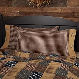 VHC Brands Patriotic Patch Star Cotton Primitive Bedding Embroidered King Pillow Case Set of 2 Deep Red