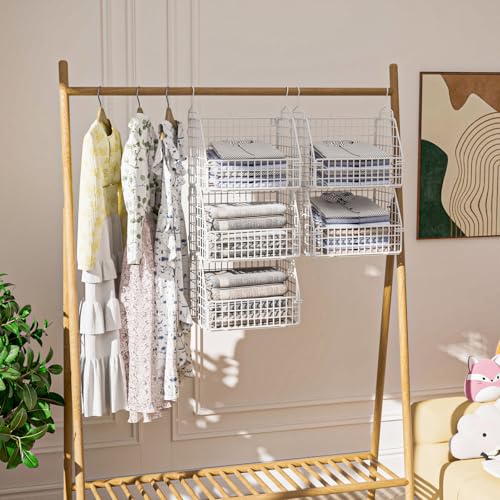 Image of PUPPYCUTE Hanging Closet Organizer and Storage, Clothes Hanging Shelves Wire Baskets for Clothing Sweaters Purse Handbags Shoes White 5 Tier