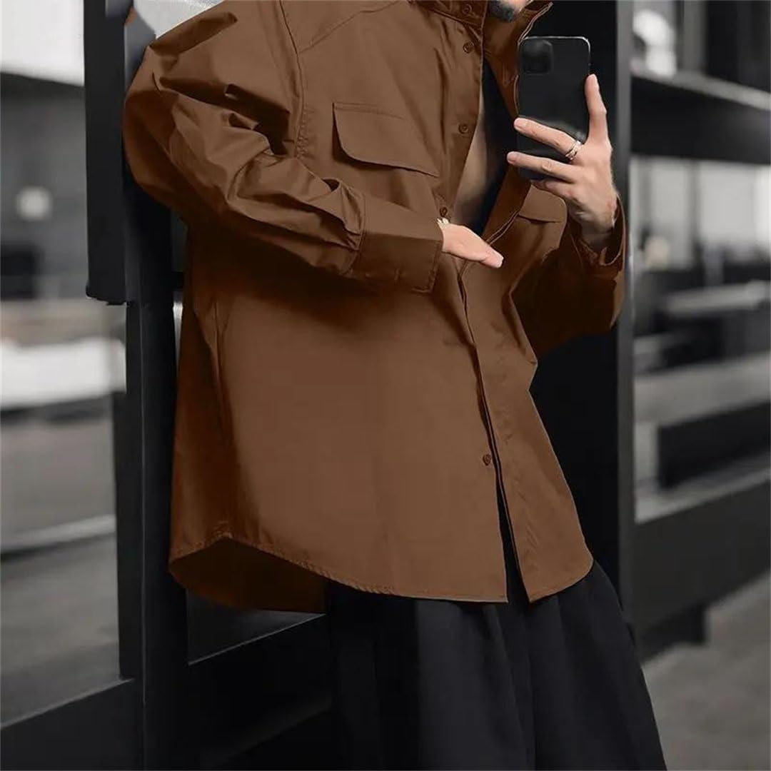 Men Spring Solid Color Stand Collar Long Sleeve Shirt Loose Korean Style Casual Top