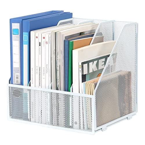EasyPAG Desktop Metal A4 Magazine File Holder Mesh Desk Tidy Office Literature Document Ring Binder Paper Organiser Filing Rack,4 Compartments,White