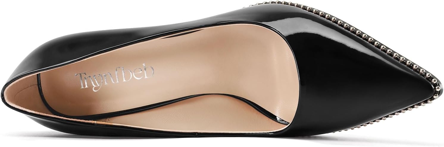 TNYNFBEB Womens Stiletto Mid Heel Pointed Toe Pumps Slip-on Sliver Beaded Prom Wedding Dress Basic Classic Patent Leather 3.5 Inches Heels - Image 6