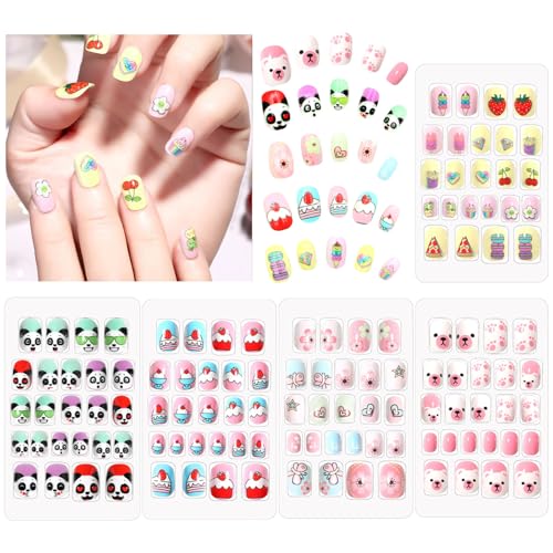 ZOCONE 120 PCS Uñas Postizas de Niñas Cubierta Completa Cortas Uñas Falsas de Niños Dibujos Animados Lindo 5 Cajas, Cumpleaños Navidad Regalo para Niñas Niños (A)