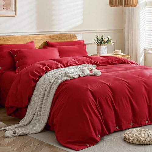 Image of JELLYMONI Cotton Duvet Cover Twin Size - Crimson Red Comforter Cover with Button 100% Washed Cotton 2PCS Breathable Soft Solid Bedding Set Duvet Cover 68x90in & 1 Pillowcase (NO Comforter)