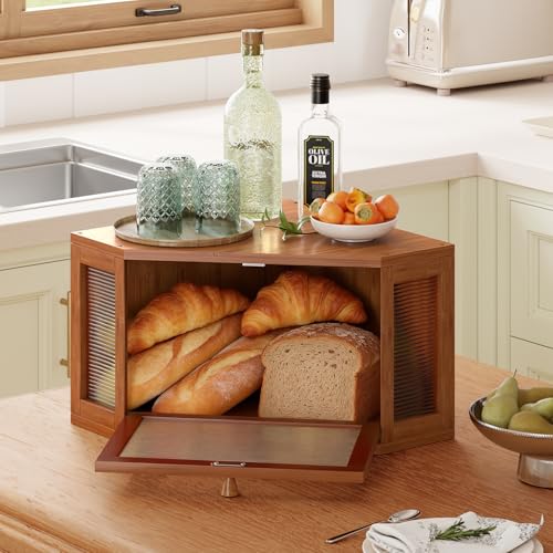 Image of WOWLIVE Corner Bread Box for Kitchen Countertop, Bamboo Bread Storage Container, Large Farmhouse Bread Holder with Acrylic Wavy Door Panel, Multi-functional Container, Caramel