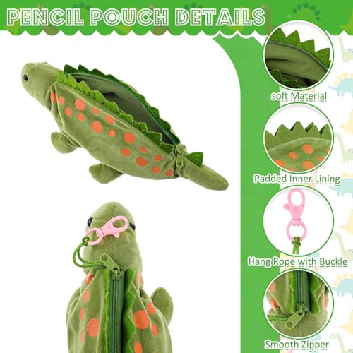 Image of 3 Pcs Green Dinosaur Pencil Pouch for Kids 3D Plush Animal Pencil Case with 2 Fun Pencils & 1 Soft Stationery Bag Ideal Birthday Gift for Boys and Girls, Back to School Supplies