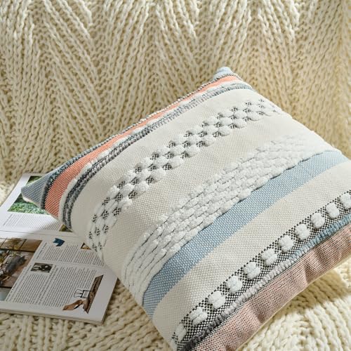 Volcanics Orange Blue Boho Throw Pillow Covers 18x18 Set of 2, Chenille Farmhouse Decorative Cushion Covers, Neutral Striped Accent Pillowcases for Couch Sofa Bed