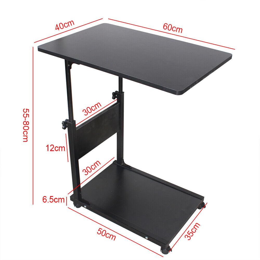 Tavolino da divano, da letto, in metallo e legno con ruote, 50 x 35 x 80 cm regolabile in altezza (55-80 cm) (nero)