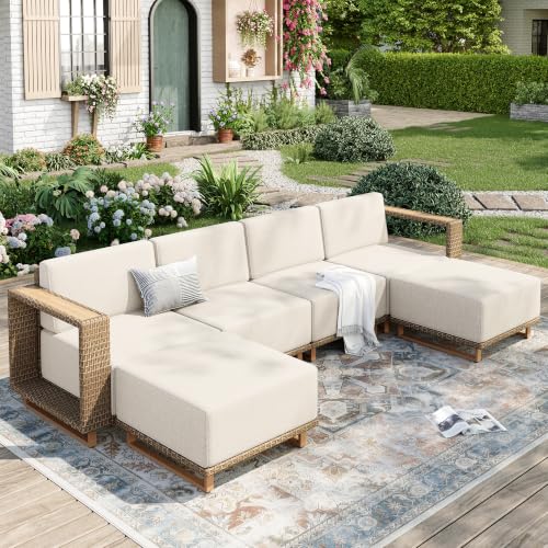 Image of MIXPATIO Upgraded Outdoor Sectional, 6-Piece Patio Furniture Conversation Set with Yellow Rattan & 10-Inch Thick Cushion for Deck Yard Garden Backyard