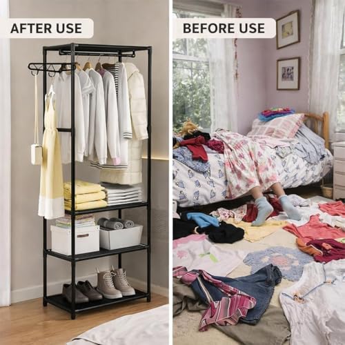 Image of Single Pole Coat Hanger /Cloth Stand /Garment Stand with Bottom Shelves - Metal Garment Rack for Organized Storage 8 Hook (Black-)