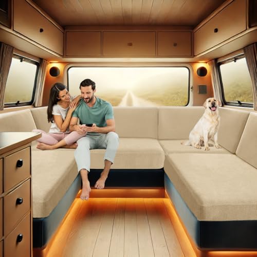 ZYBSLCSY Bezüge Wohnwagen Polster, Wohnwagen Polsterbezüge rutschfeste Mit 2 Festes Gummiband, Sofa Sitzkissen Bezüge Für Wohnwagenpolster Spannbezug Sitzbank (Beige,4-Sitzer)
