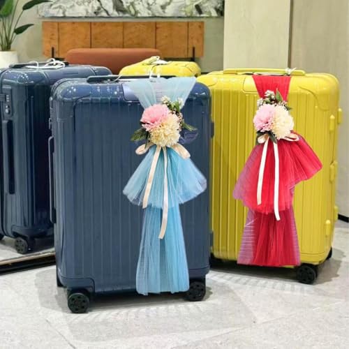 Image of SATYAM KRAFT 4 Pcs Adjustable Suitcase Net Band Reusable Ready-to-Use with Artificial Flower Bunch Trolley Bag Decoration, Suitcase & Wedding Decor, Gifting, Crafting, Wrapping, DIY Craft (Pack of 4) (Blue)