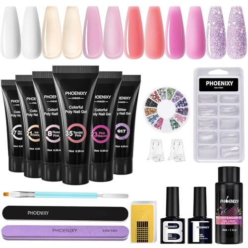 Phoenixy Kit Ongle Gel UV Complet, 6 Colors 15 ml Kit Ongle Gel Rose Nail Art Construction Outils de Manucure Pour Les Débutantes Kit DIY de Nail Art à La Maison