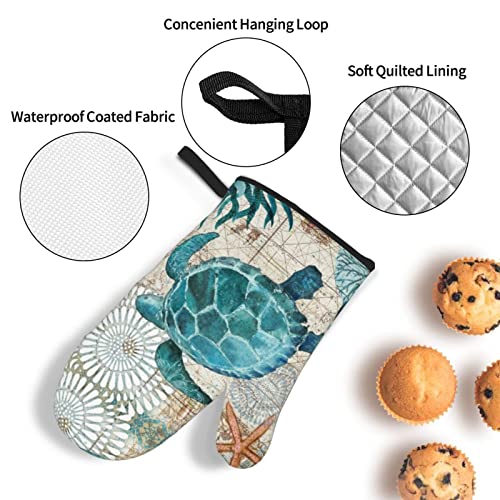 Donmyer Sea Turtle Ocean Animal Landscape Oven Mitts And Pot Holders Sets Of 4 High Heat Resistant With Gloves Hot Pads Potholders For Kitchen Baking Grilling Non-Slip Cooking Mitts, 7.2X11In+8X8In #TOP4