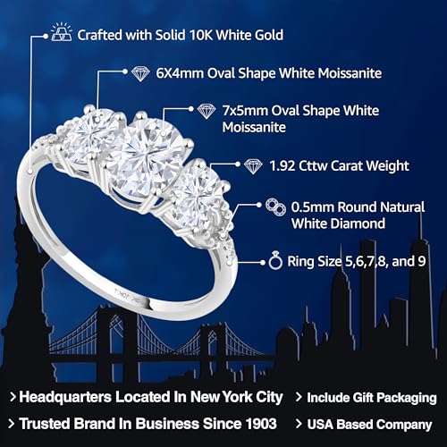 Gem Stone King 10K White Gold White Moissanite and White Diamond 3-Stone Engagement Ring | 1.92 Cttw | 3 Stone Wedding Anniversary Promise Ring For Women | Available In Size 5, 6, 7, 8, 92