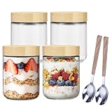 GANILITY Juego de 4 tarros de cristal con tapa de 500 ml con tapa de bambú, herméticos con 2 cucharas de acero inoxidable, para guardar especias, nueces, granos
