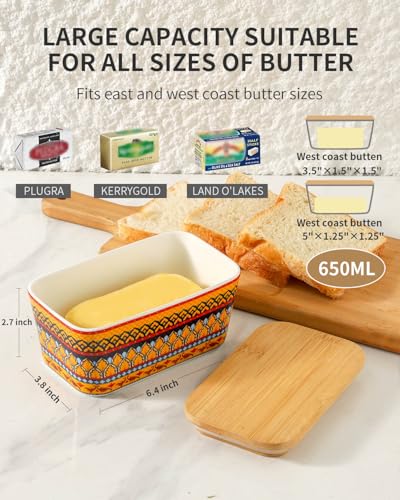 Hasense Bohemian Butter Dish, Farmhouse Ceramic Butter Dish with Lid for Fridge, Butter Container Holder with Cover or Fridge,Silicone Sealing, Holds Two Sticks of Butter, Yellow — view 2