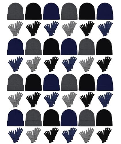 48x Winter Beanies & Gloves Combo Pack, Bulk Pack for Men Women, Warm Cozy Gift (Black/Navy/Gray)