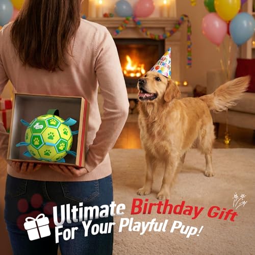 Image of QDAN Dog Toys Soccer Ball, Durable Dog Balls with Strap for 30-90 lbs Dogs | 8 Inch Soccer Toy with Tabs, Training Herding Balls for Outdoor, Dog Tug Toy for Tug of War, Puppy Birthday Gifts, Green