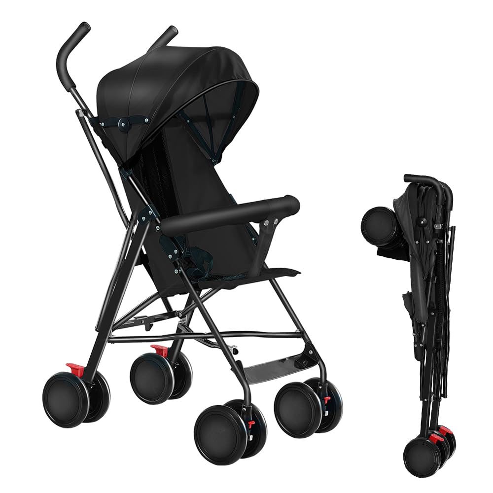 OHMG Kinderwagen CITY Buggy Kinderbuggy klappbar Sportwagen Faltbar 360° Räder Inkl. Sonnen- und Moskitonetz zusammenklappbar 5-Punkt-Sicherheitsgurt ab 6 Monate (D-Noir)