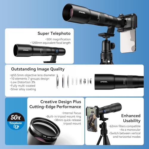 Image of APEXEL 50x HD Telephoto Lens for iPhone & Android | Aluminum Alloy + ABS | Shoot Wildlife, Moon, Landscapes & Targets | Includes Universal Phone Clip & Tripod